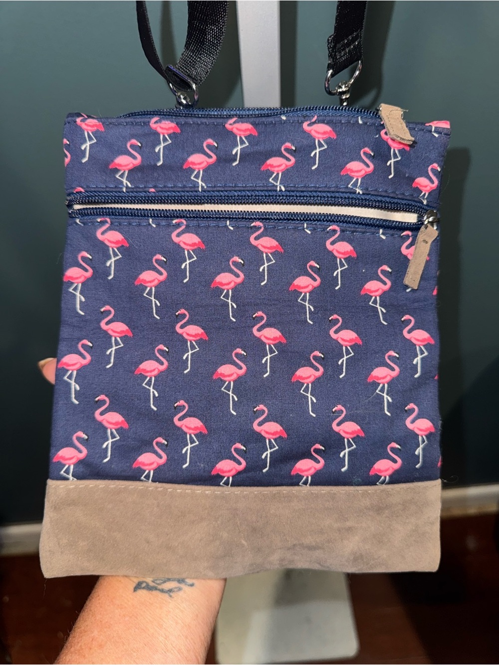 Navy Flamingo Crossbody Bag with Pink Print